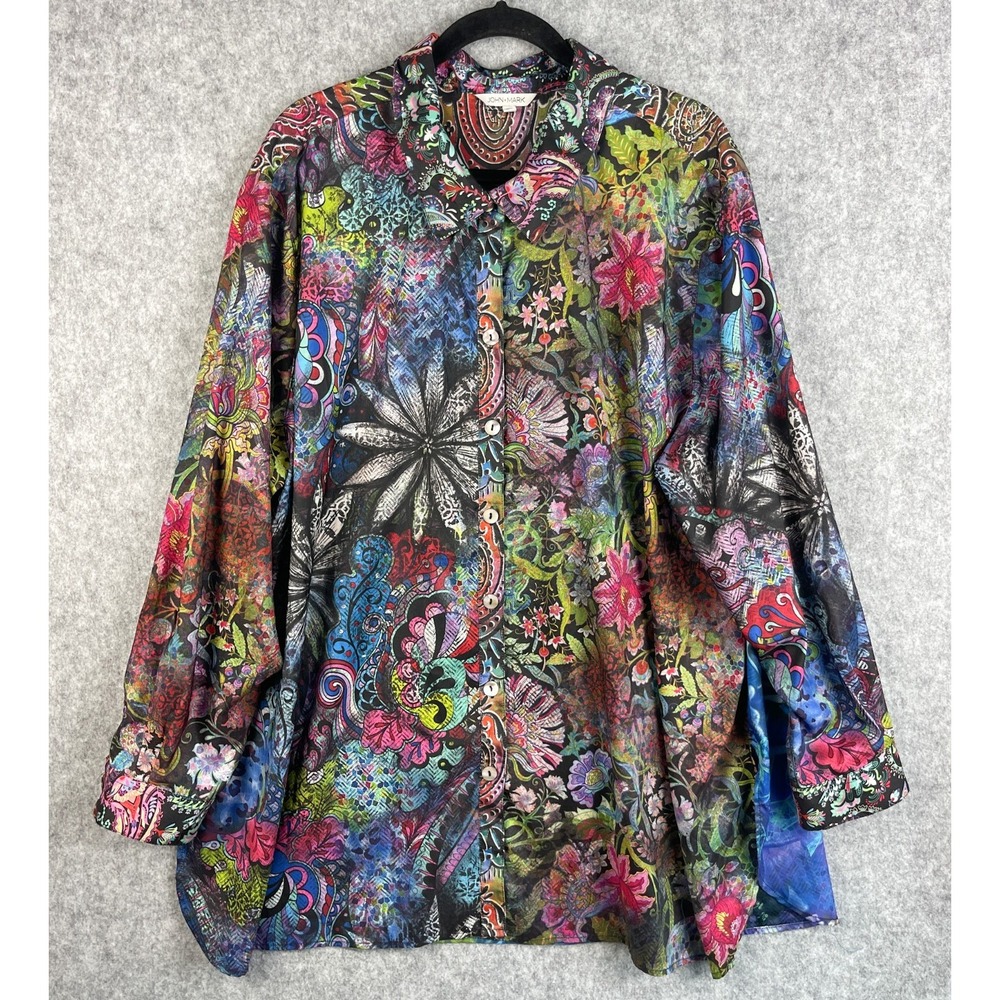 John Mark Tunic Top Womens 3X Floral Paisley Roll Tab Button Up Artsy Boho